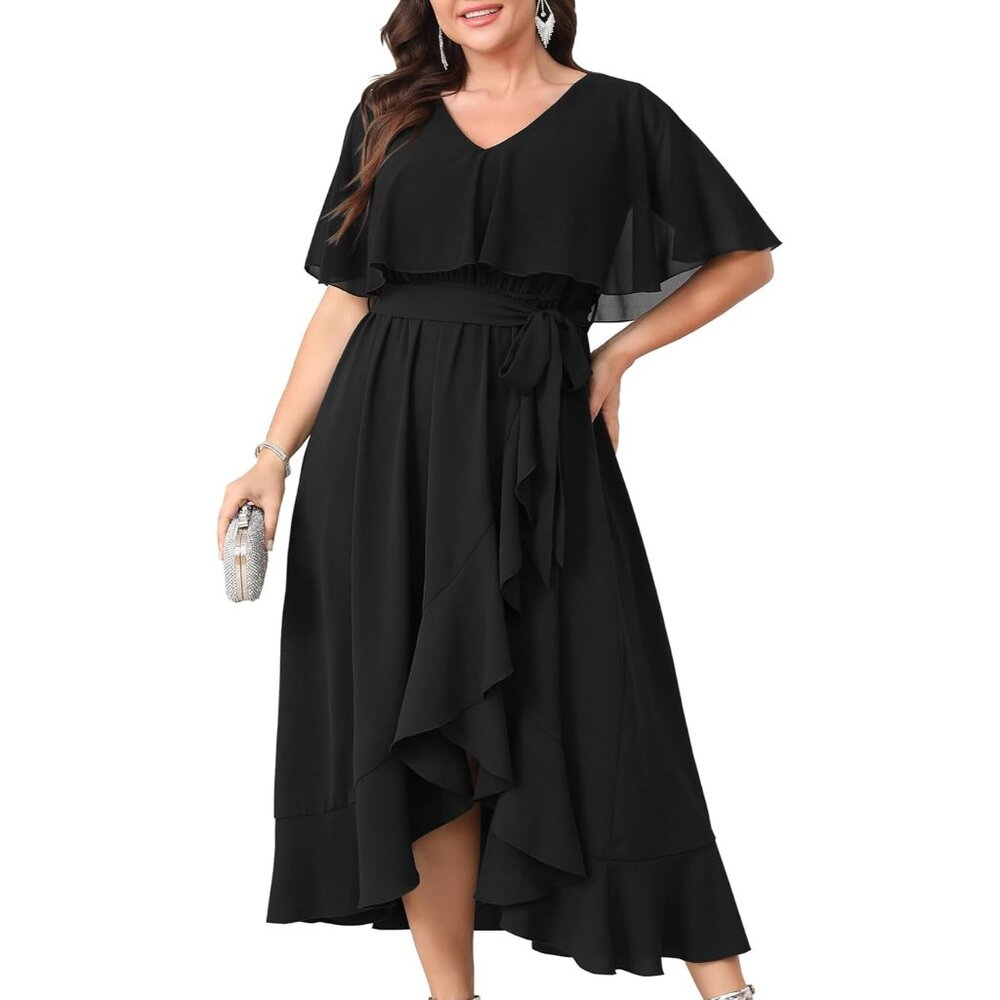 Women Plus Size Formal Chiffon Ruffle V Neck High Low Maxi Dress